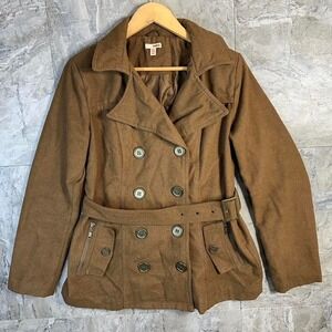 Brown belted peacoat with zipper detail Kids Large #wintercoats